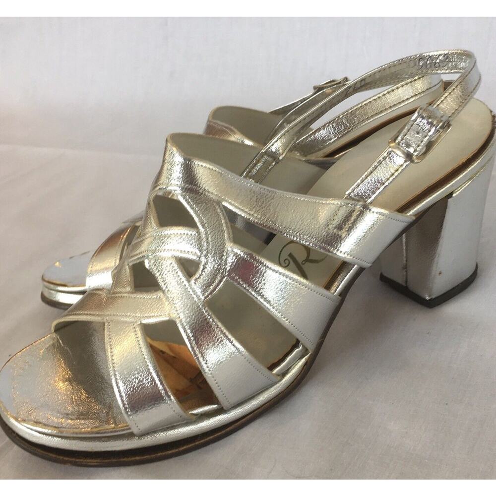 RENATO Vintage 70s Dressy Metallic Foil Silver Strappy Sandals SZ 6 M High Heel